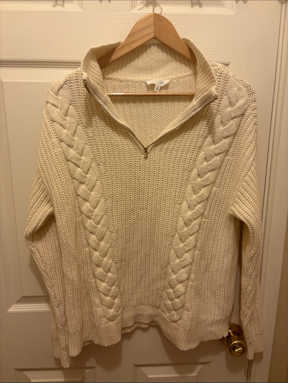 Half-Zip Cable Knit Turtleneck Sweater - Cream A188
